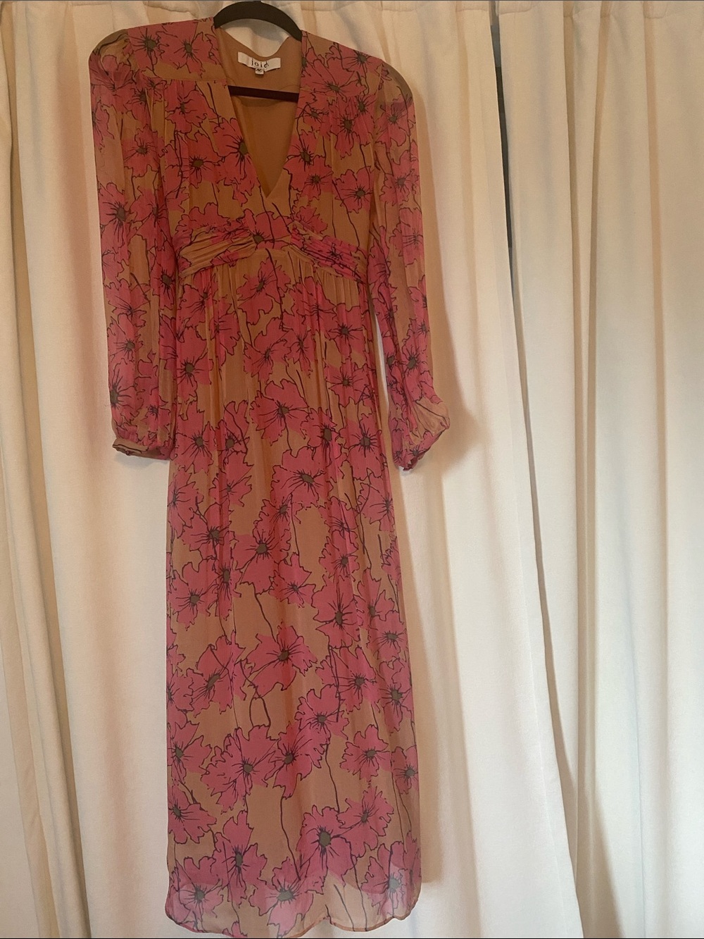 XS JOIE Floral V-Neck Long Sleeve Maxi Dress in Pink and Tan